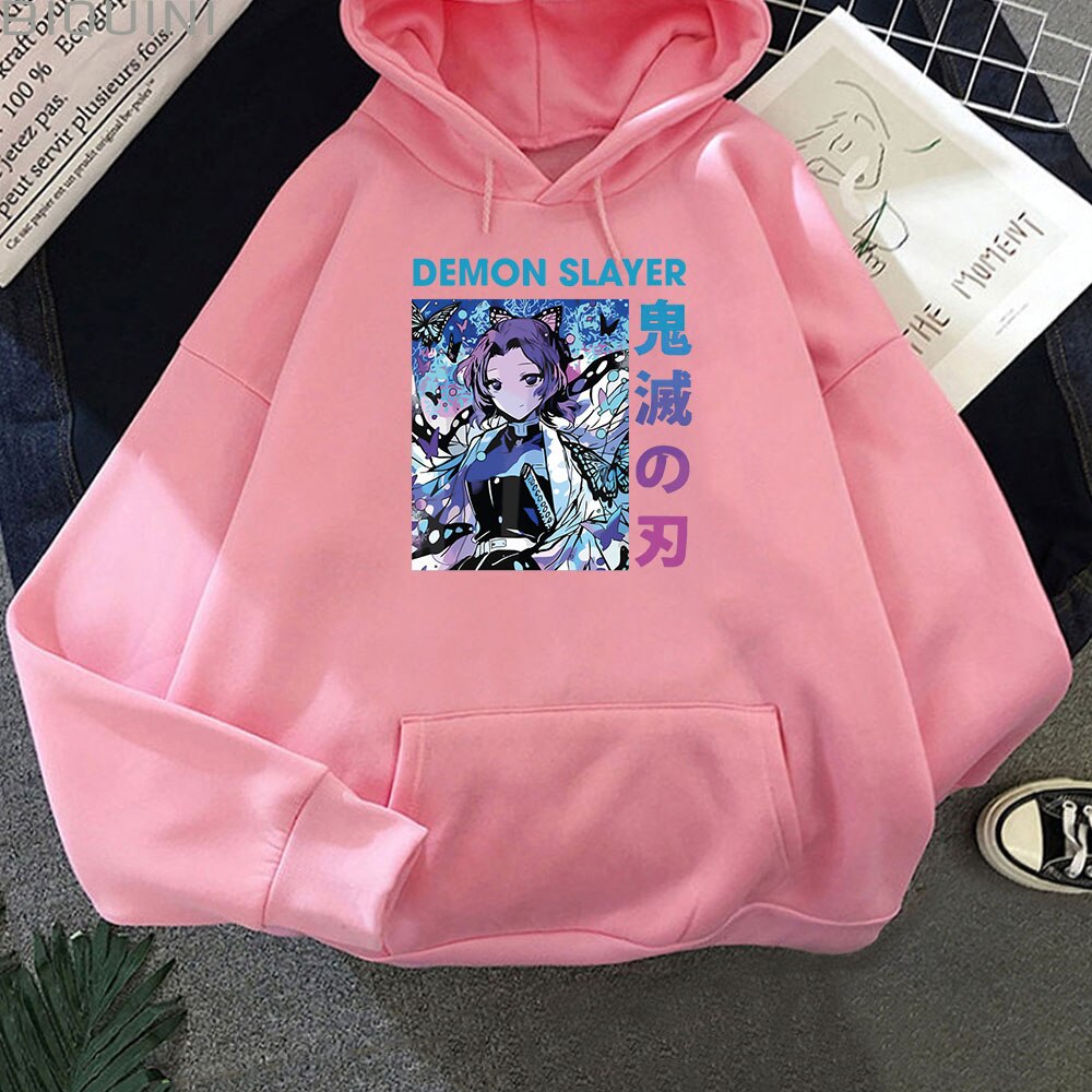 Hot Demon Slayer Anime Hoodie Unisex Kochou Shinobu Printed Harajuku Graphic Loose Sweatshirts Casual Pullover