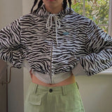 Zebra Print Zip Up Hoodie Women Vintage Stripe Crop Top Korean Style Autumn Long Sleeve Sweatshirt Y2k Chic Coat