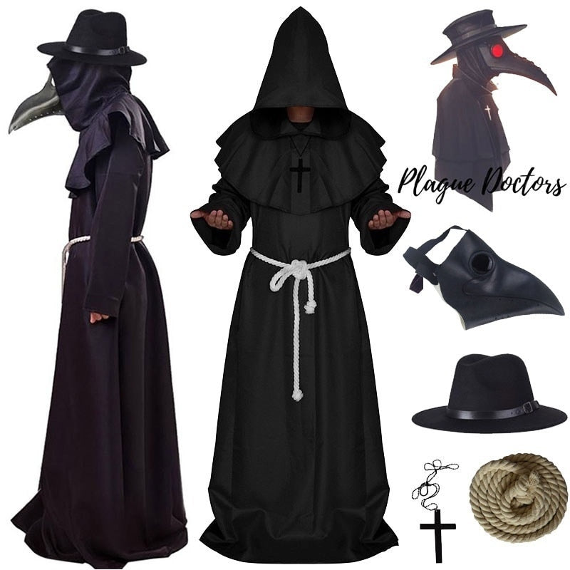 New Plague Doctor Cosplay Costume Medieval Hooded Robe Steampunk Terror Mask Hat Adult Halloween Party Role Play Size S-XL