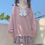 Harajuku Cute Lolita Kawaii Bear Print Sweatshirt Teen Girls Sailor Collar JK Bowknot Tie Pullover Top Hoodie
