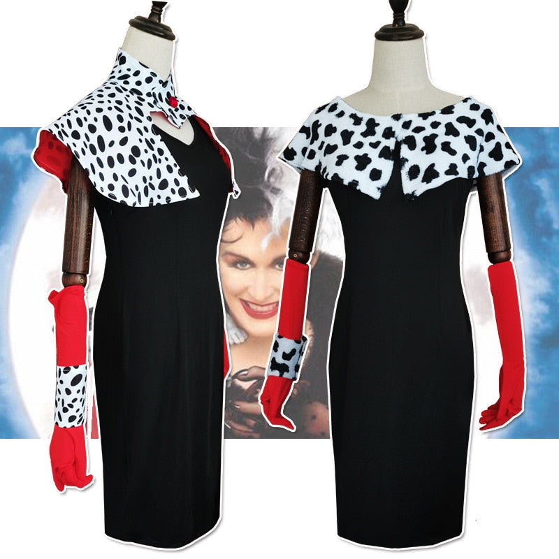 Cruella De Vil Cosplay Costume Dresses 101 Dalmatians with Cape Outfits Halloween Carnival Suit for Women Girls