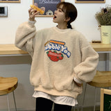 Women Fake 2 Pieces Warm Sweatshirt Long Sleeve Fleece Hoodie Strawberry Print Fuzzy Pullover Kawaii Top