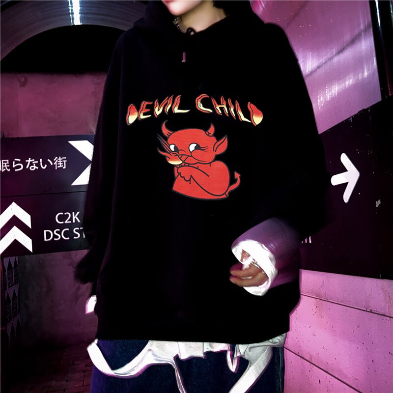 Gothic Devil Fire Flame Letter Print Hip Hop Harajuku Hoodie Kawaii Sweatshirt Pullover