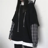 Striped Sweatshirt for Women Black Gothic Style Hoodie Patchwork Grunge Long Sleeve Plaid Pullovers
