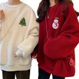 Casual Oversize Fluffy Hoodie Christmas Tree Snowman Embroidery Fleece Pullover Sweatshirt
