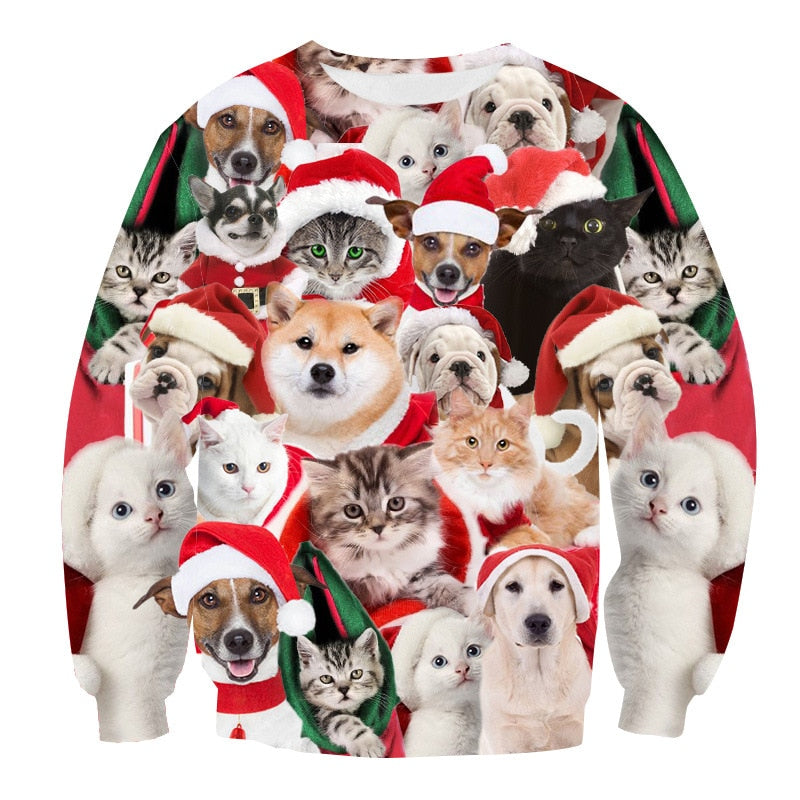 Ugly Christmas Sweater O Neck Couple Print dog Novelty Ugly Christmas Sweater Unisex Men Women Long Sleeve Pullover