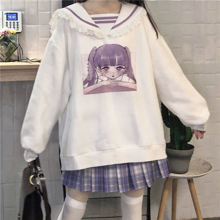 Kawaii Sailor Collar Sweatshirt Women Cartoon Cute Print Hoodie Anime Korean Gamer Girls Long Sleeve Casual Chic