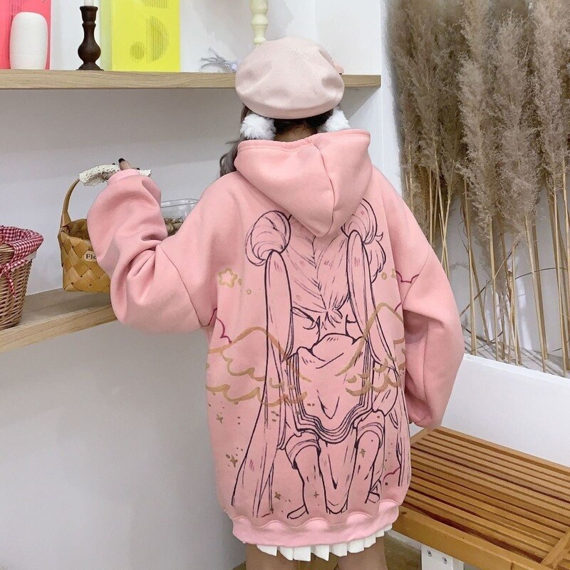 Anime Autumn Winter Clothes Women Vintage Sweatshirt Kawaii Long Sleeve Pink Tops Warm Hoodie