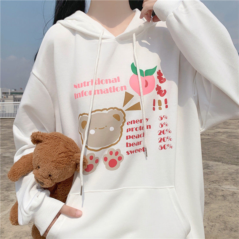 Lolita Girls Hoodie Harajuku Kawaii Sweet Long Rabbit Ear Cap Cute Bear Print Sweatshirt
