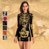 New Women's Halloween Party Costumes Scary Skeleton Skeleton Printed Tight Skirt Cosplay Sexy Ladies Long Sleeve Dress