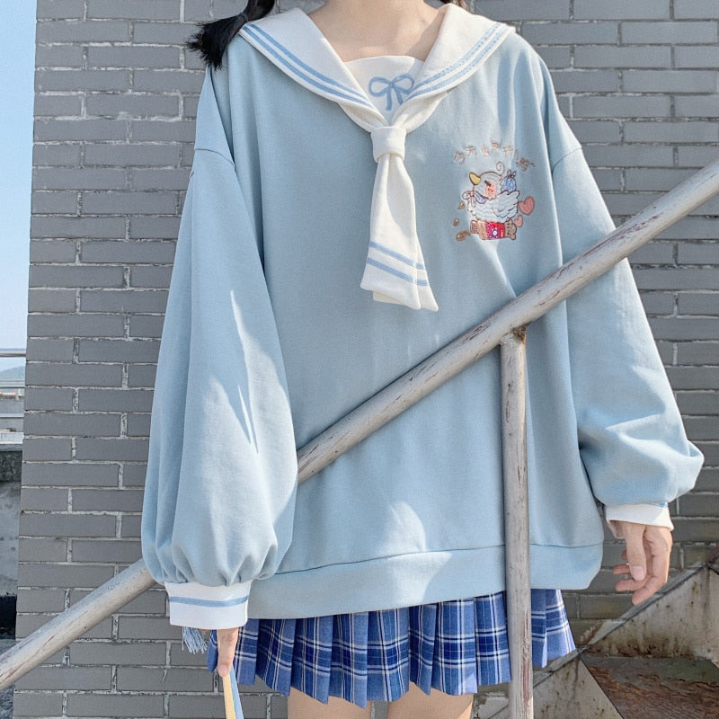 Mori Girl Style Hoodie Kawaii Duck Embroidery Sailor Collar Sweatshirt Harajuku Cute Pullover Top