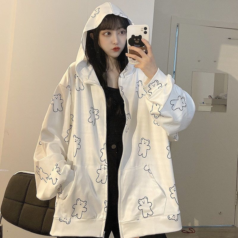 Kawaii Hoodies White Sweatshirt with Print Long Sleeve Women Cute Tops Korean Pullover