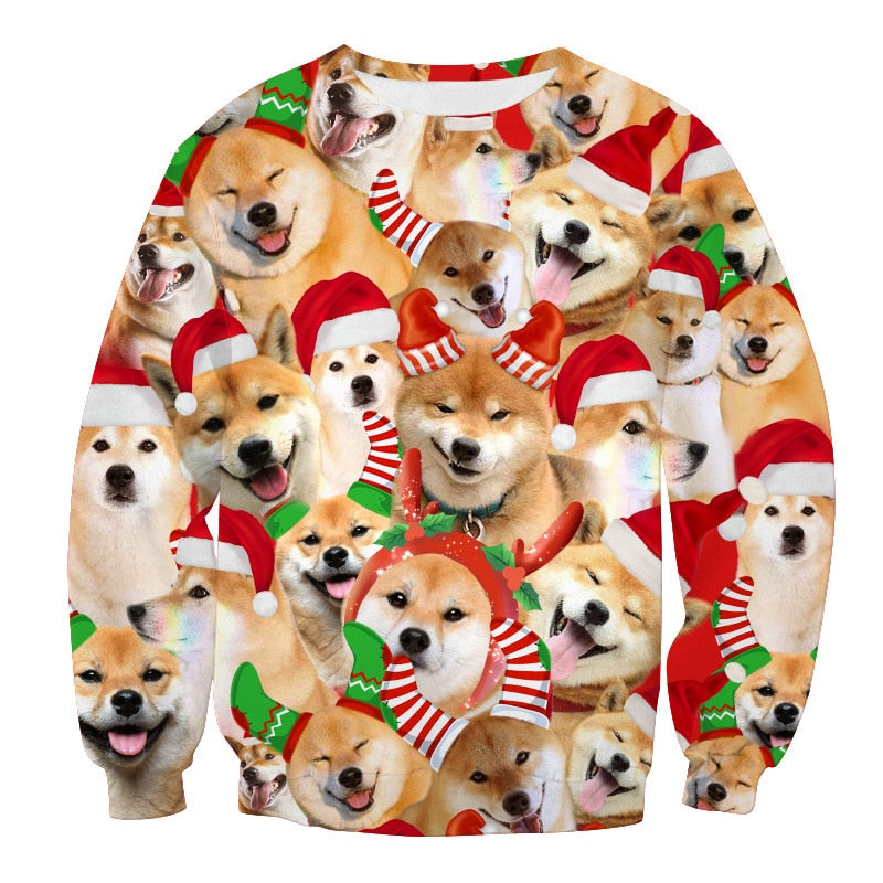 Ugly Christmas Sweater O Neck Couple Print dog Novelty Ugly Christmas Sweater Unisex Men Women Long Sleeve Pullover