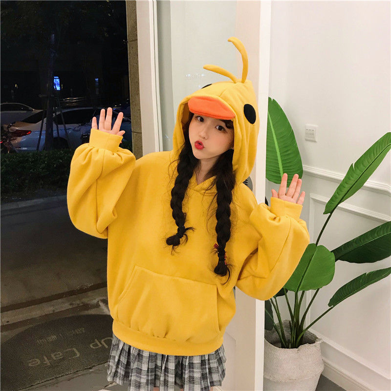 Kawaii Duck Hoodies Women Long Sleeve Cute Tops Emo Clothes Korean Winter Soft Girl Yellow Casual Pullover