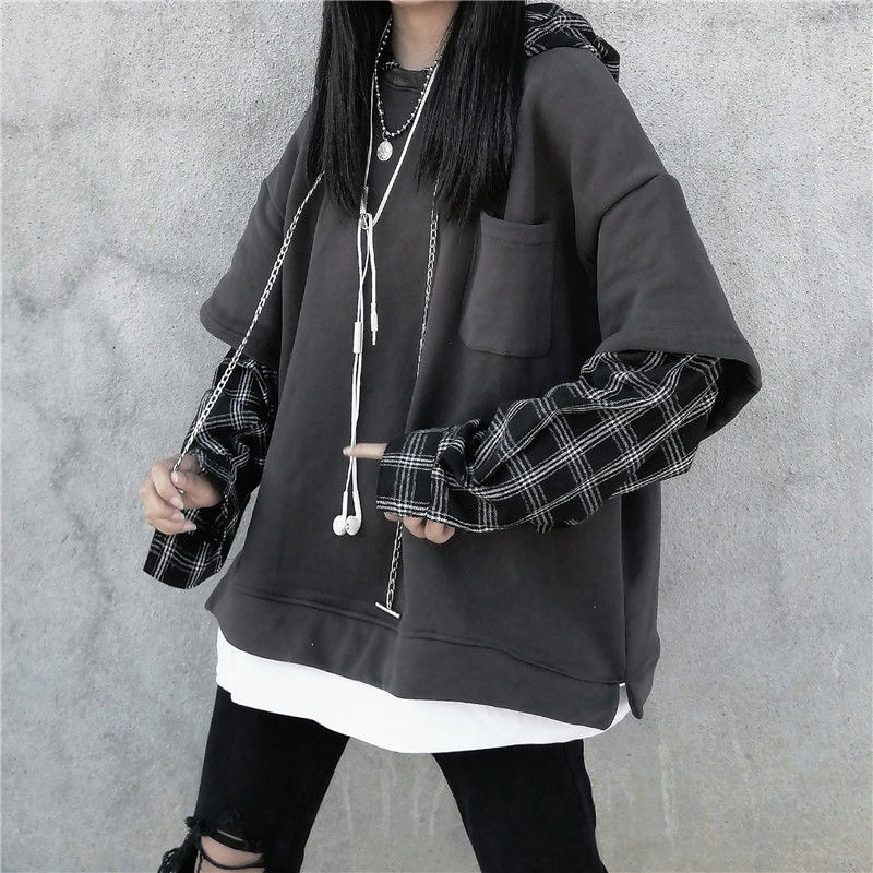 Striped Sweatshirt for Women Black Gothic Style Hoodie Patchwork Grunge Long Sleeve Plaid Pullovers