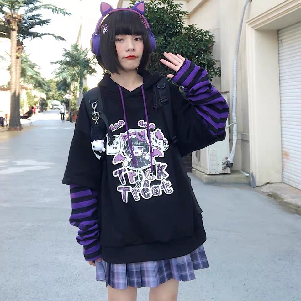 Japanese Casual Cartoon Long Sleeve Anime Hoodie Hip Hop Harajuku Loose Plus Size Vintage Hooded Sweatshirt