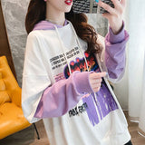 Anime Print Patchwork Hoodie Women Harajuku Long Sleeve Sweatshirt Korean E Girl Oversized Kpop School Clothes