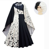 Movie Cruella De Vil Cosplay Costumes Kids Gown Black White Maid Dress Halloween Party Dress with Cloak Wig
