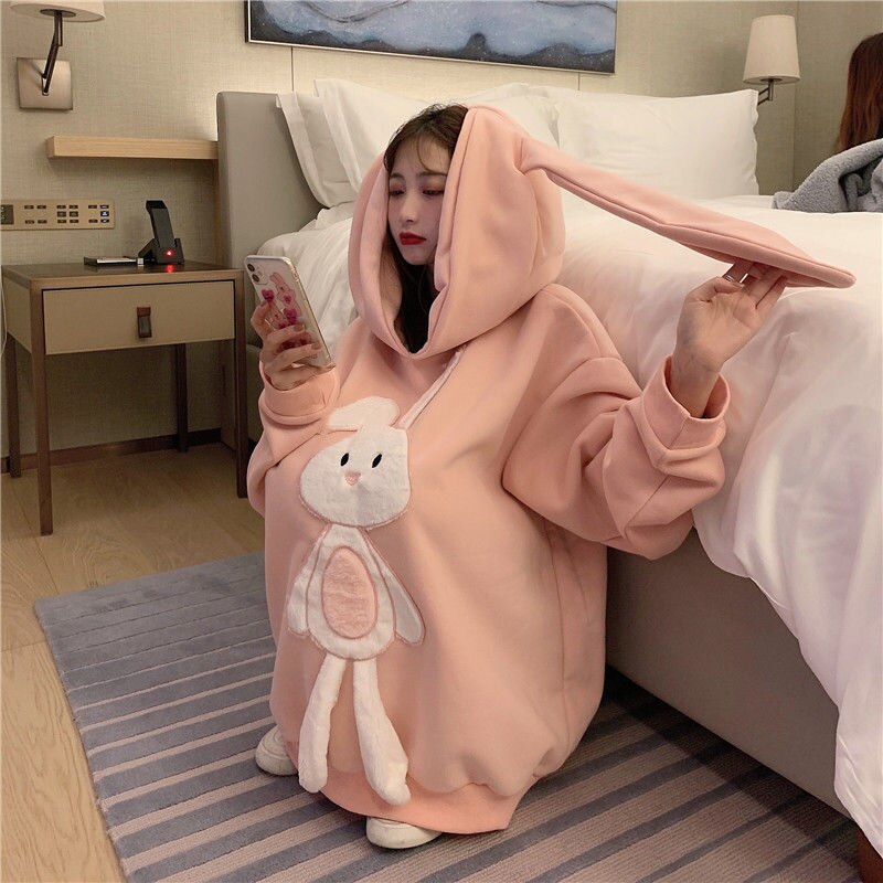 Bunny Hoodie Women Kawaii Pink Korean Rabbit Sweatshirt Embroidery Pullover Loose Long Sleeve Plus Size Cute Tops