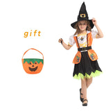 Halloween Kid Girls Witch Costume Pumpkin Bag Silver Stars Printed Carnival Cosplay Dress Pointed Hat Wand Dress Up Clothes