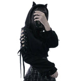 Gothic Women Pullover Devil Ear Hooded Sweatshirt Hollow Out Shoulder Ribbon Lace Up Bandage Long Sleeves Hoodie