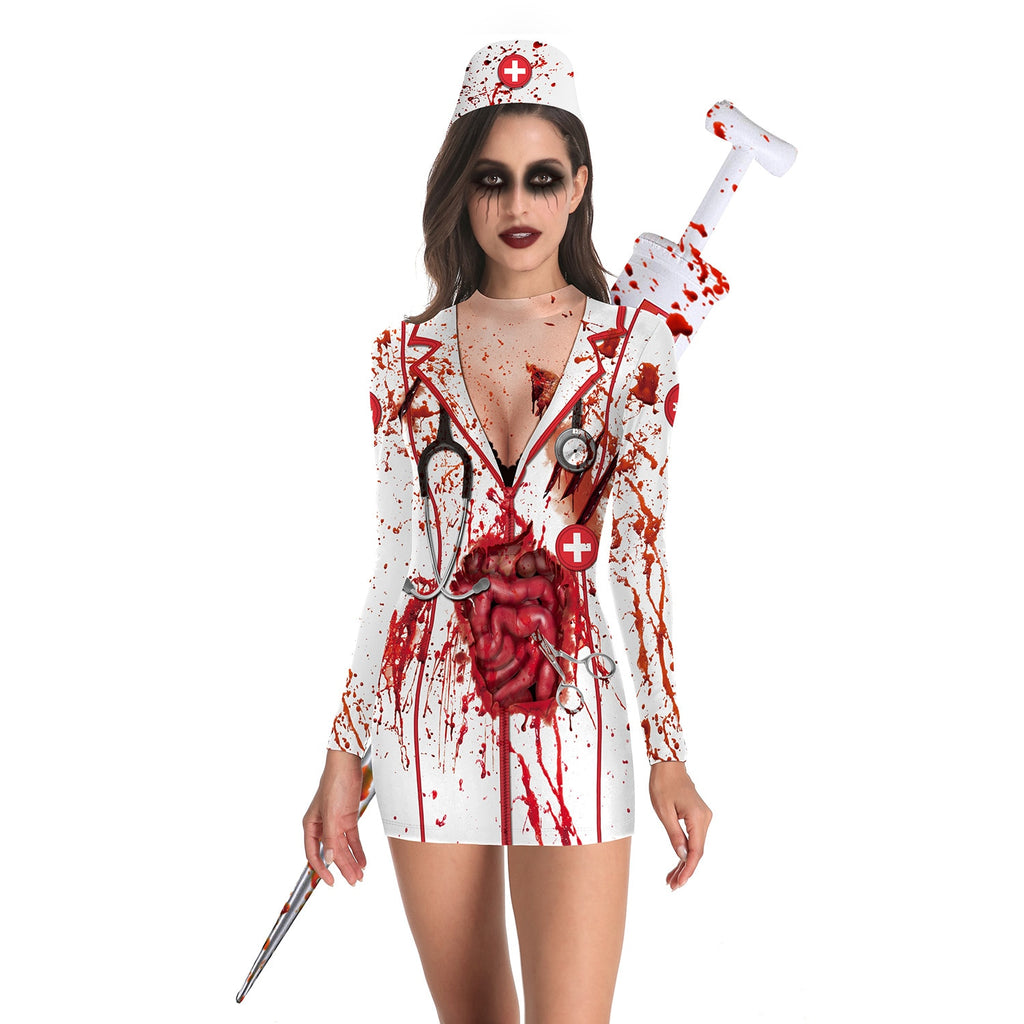 Ladies Halloween Party Horror Costumes Bloody Nurse Zombie Dress Cosplay Sexy Ladies Round Neck Long Sleeve Pack Hip Dress