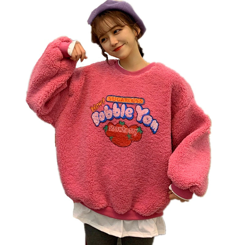 Women Fake 2 Pieces Warm Sweatshirt Long Sleeve Fleece Hoodie Strawberry Print Fuzzy Pullover Kawaii Top