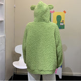 Avocado Color Zip-up Sweatshirt Kawaii Fleece Faux Fur Long Sleeve Hooded Teddy Bear Ears Soft Hoodie