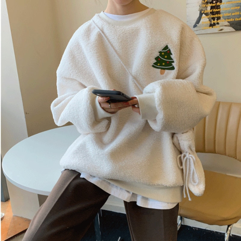 Casual Oversize Fluffy Hoodie Christmas Tree Snowman Embroidery Fleece Pullover Sweatshirt