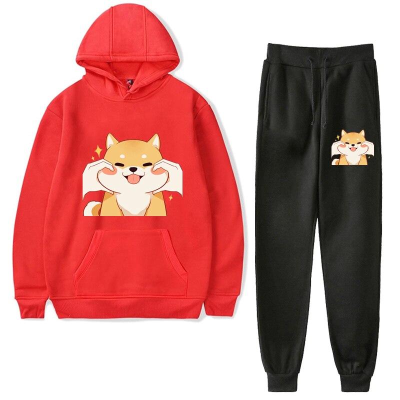 2pcs/set Shiba Inu Tracksuit+pant Two Piece Set Hoodie Sweatshirts Sport Suit