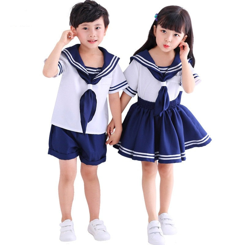Children Sailor Beautiful Girl Short Sleeve Shirt Summer School Uniform Boy Shorts Girl Short Skirt