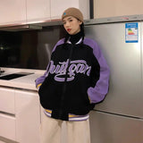 Women's Letter Embroidery Baseball Jacket Color Block Vintage Harajuku Jacket Oversize Coats Street Wear