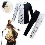 Cruella De Vil Children Halloween Costume Two Piece Set Black White Cosplay Clothes Wig for Girls