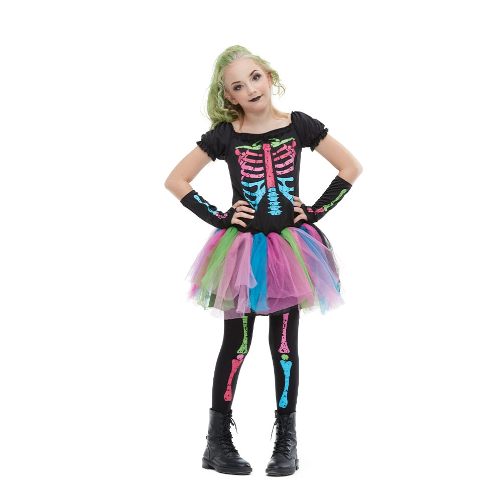 Reneecho 2021 New Arrival Rainbow Skeleton Girl Costume Toddler Funky Punky Bone Costume Halloween Costume For Kids