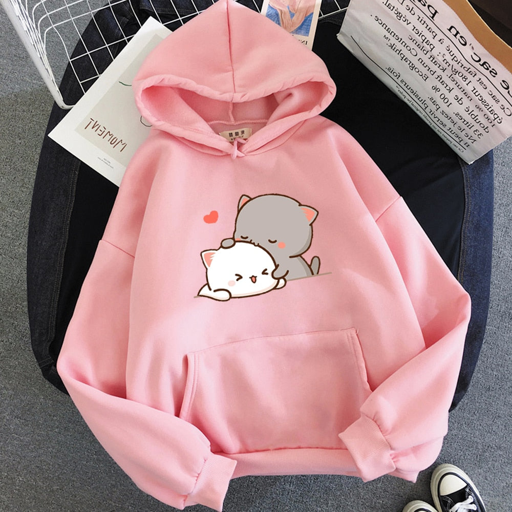 Peach Cat Kawaii AestheticCute Pink Tops Oversize Sweatshirt Cartoon Print Unisex Warm Hoodie