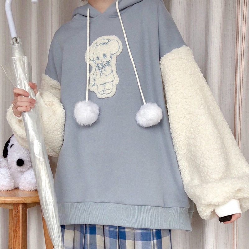 Kawaii Lolita Hooded Sweatshirt Solid Lamb Embroidery Patchwork Fleece Long Sleeve Hoodie Pullover
