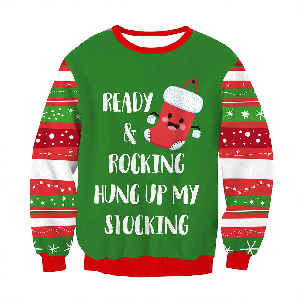 Fashion Women Ugly Christmas Sweater Xmas Socks Letter Printing Long Sleeve Round Neck Pullover Tops