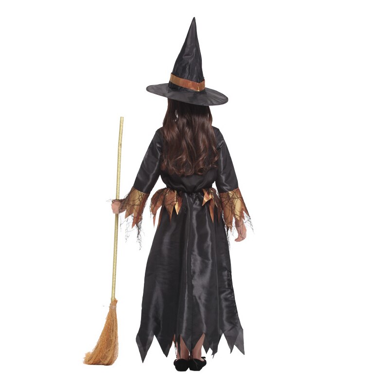 Halloween Kid Girls Witch Costume Pumpkin Bag Silver Stars Printed Carnival Cosplay Dress Pointed Hat Wand Dress Up Clothes