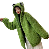 Frog Eyes Hooded Sweatshirt Zip-up Plush Fleece Oversize Hoodie Thicken Keep Warm Kawaii Outwear Top