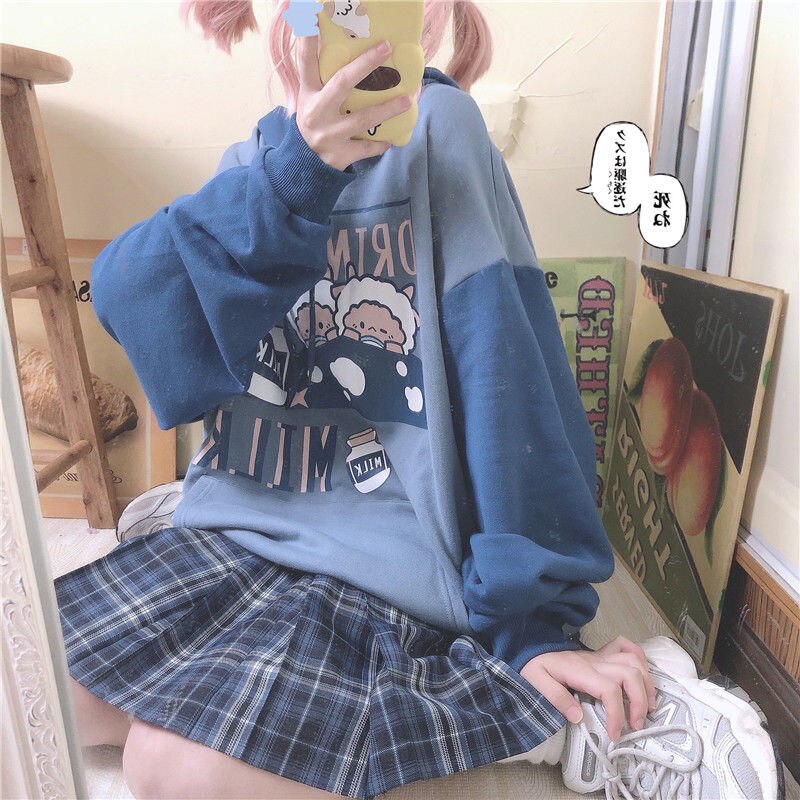 Korean Kawaii Sweatshirt Women Anime Print Hoodie Cartoon Long Sleeve Pullover Winter Patchwork E Girl Blue Top