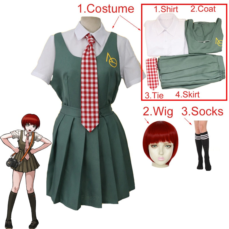 Anime Danganronpa Koizumi Mahiru Cosplay Costume High School Student Uniform Red Wig Socks
