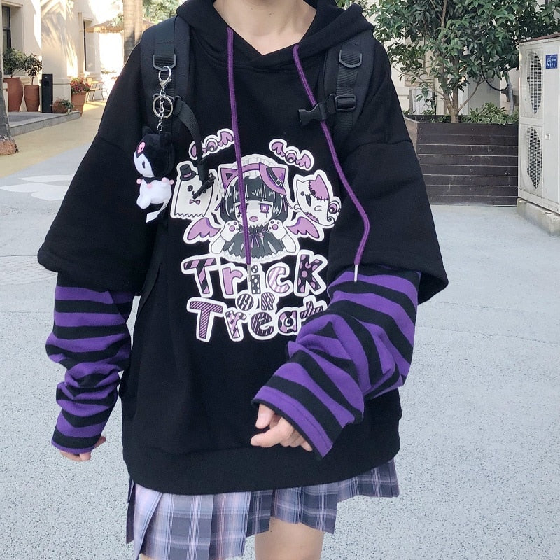 Japanese Casual Cartoon Long Sleeve Anime Hoodie Hip Hop Harajuku Loose Plus Size Vintage Hooded Sweatshirt