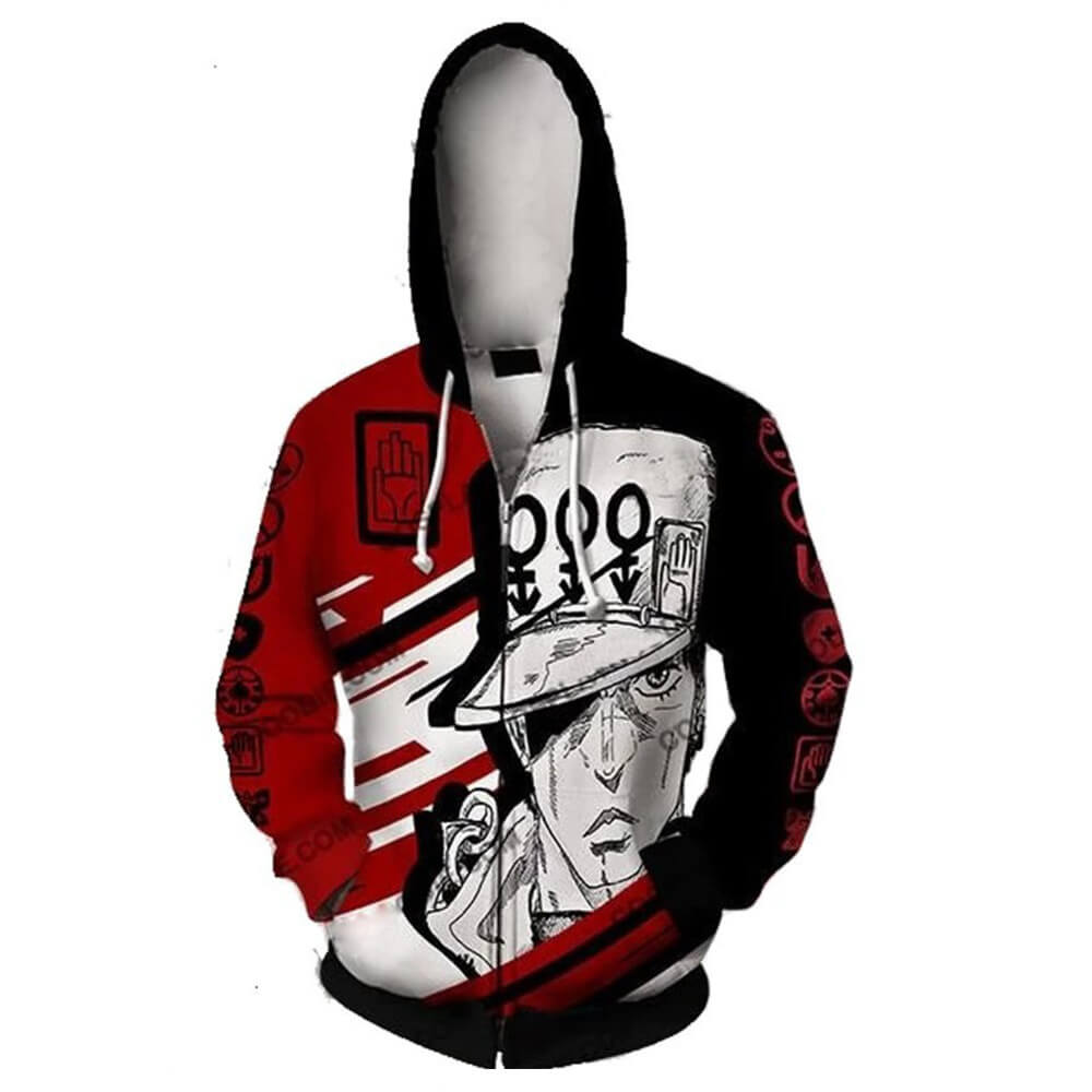 JoJo's Bizarre Adventure Anime Jotaro Kujo Qtaro Red Unisex Adult Cosplay Zip Up 3D Print Hoodies Jacket Sweatshirt