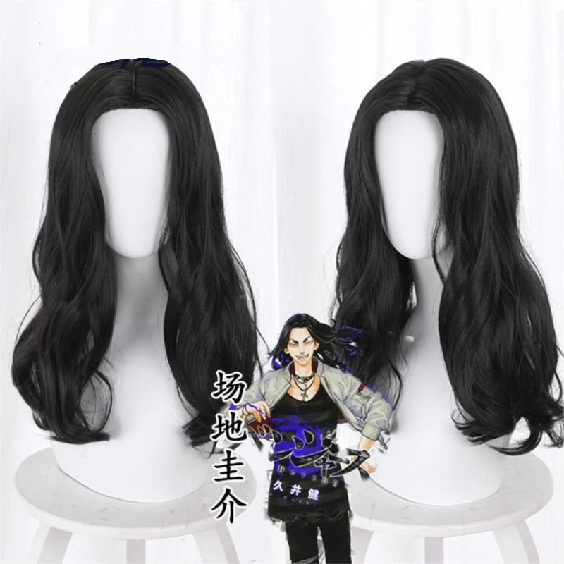 Anime Tokyo Revengers Baji Keisuke Cosplay Black Curly Heat Resistant Synthetic Hair Wigs + Wig Cap