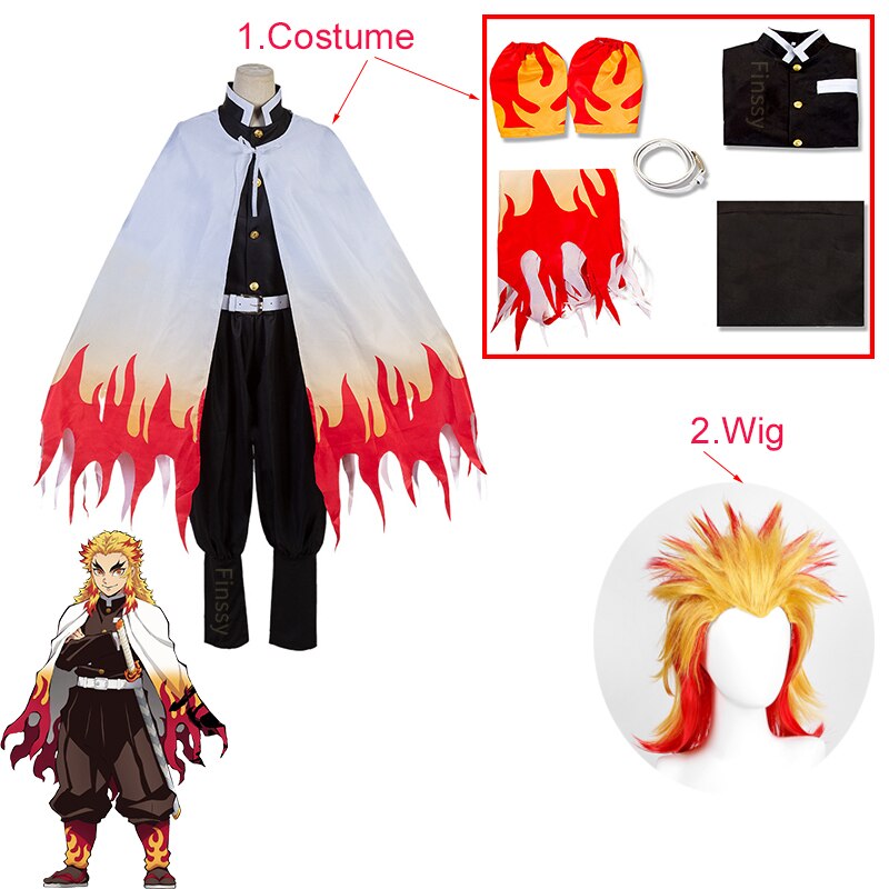 Demon Slayer Rengoku Kyoujurou Costume Halloween Kimetsu no Yaiba Cosplay Wig Shoes For Adults Child
