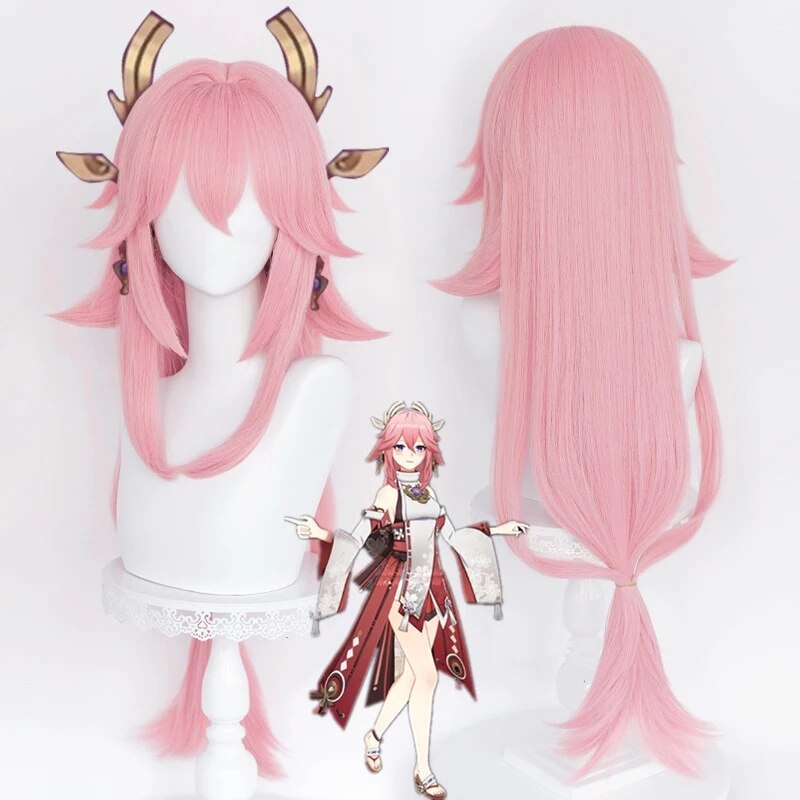 Genshin Impact Yae Guuji Cosplay 85cm Pink Cosplay Anime Cosplay Heat Resistant Synthetic Hair Wigs + Wig Cap